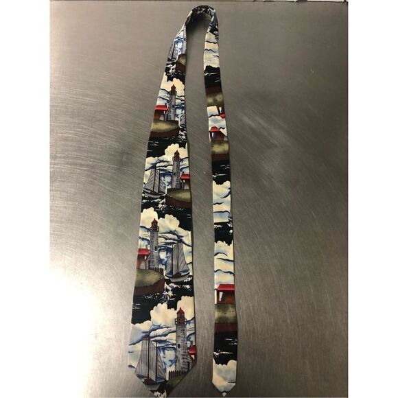 🌼5for$25🌼Beans McGee. Mens Silk Lighthouse and Boat Designer Dress Tie - Picture 1 of 8